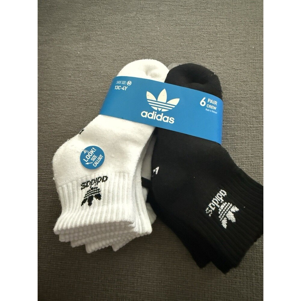Adidas Originals Crew Socks 6 Pair White Black Kids Medium 13C-4Y NWT